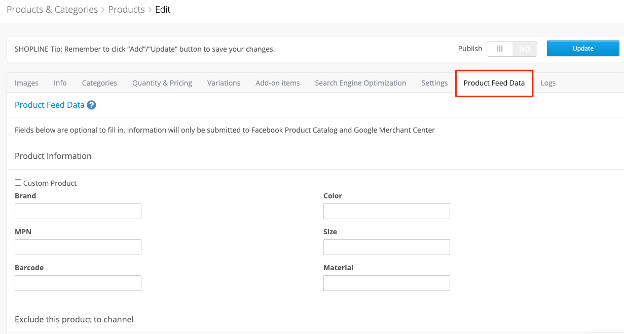 Figure 2. You can edit Product Feed Data within Products at admin panel to optimise shopping experience