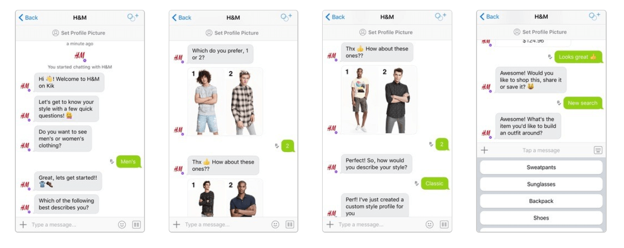 H&M's chatbot interface options